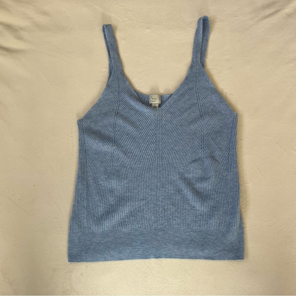 Feminine Cottagecore A New Day Pastel Blue Ribbed Knit Tank Top Size Large